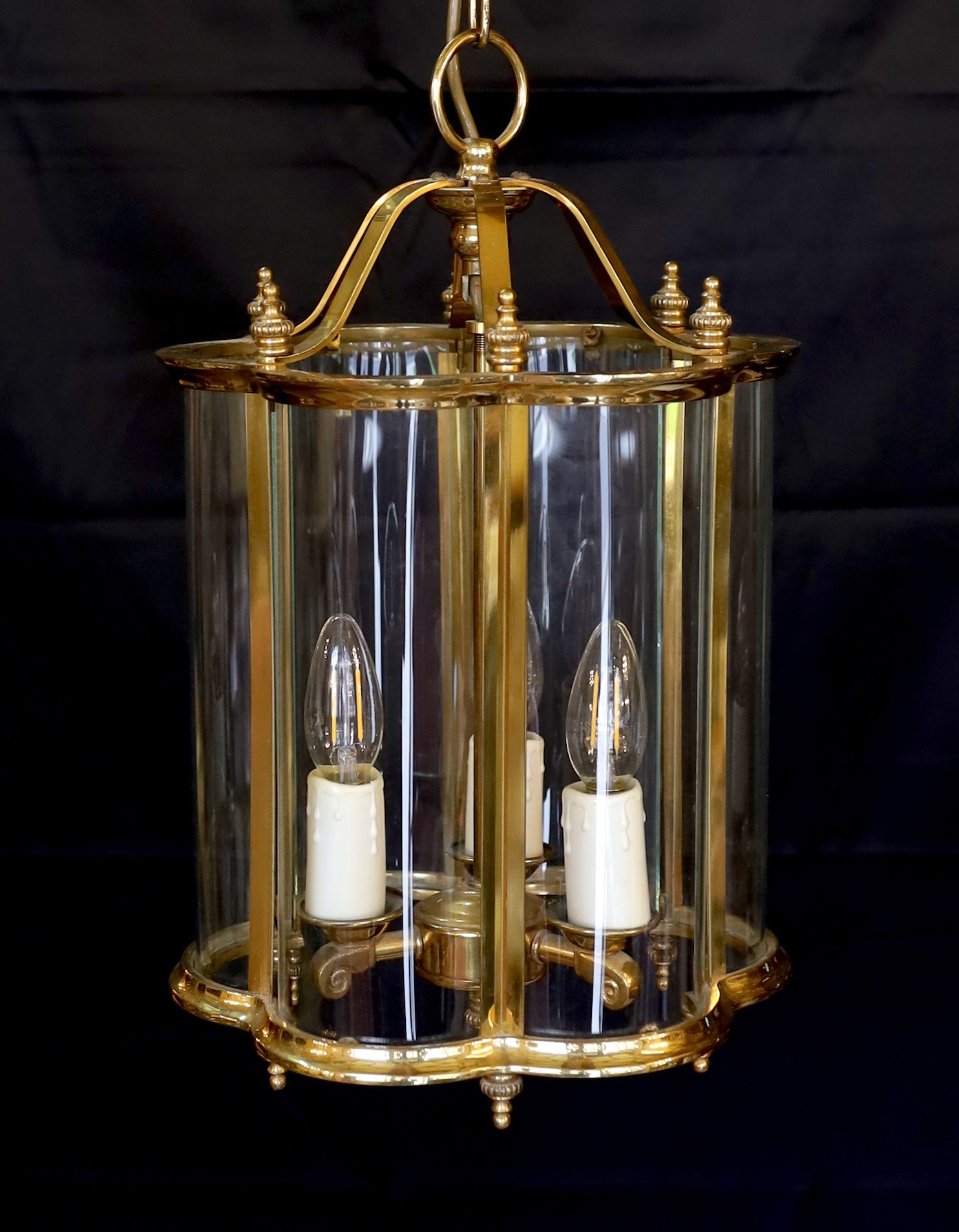 A pair of Georgian style lacquered brass globe hexagonal hall lantern, height 45cm. width 37cm